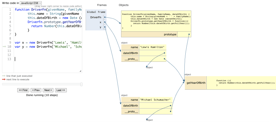Code seen on Python Tutor showing how it is structured when we use prototype