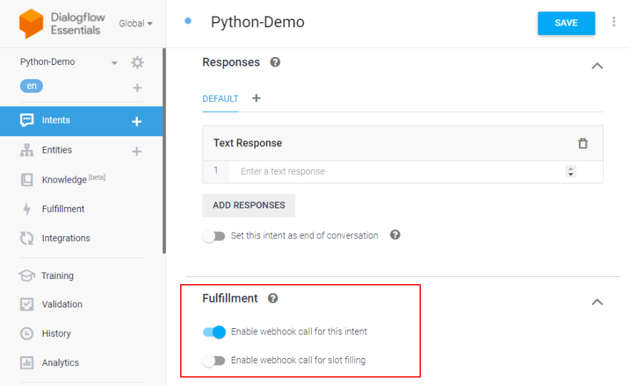dialogflow chatbot python - enable fulfillment