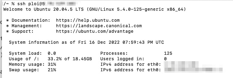 Screenshot of ssh connection