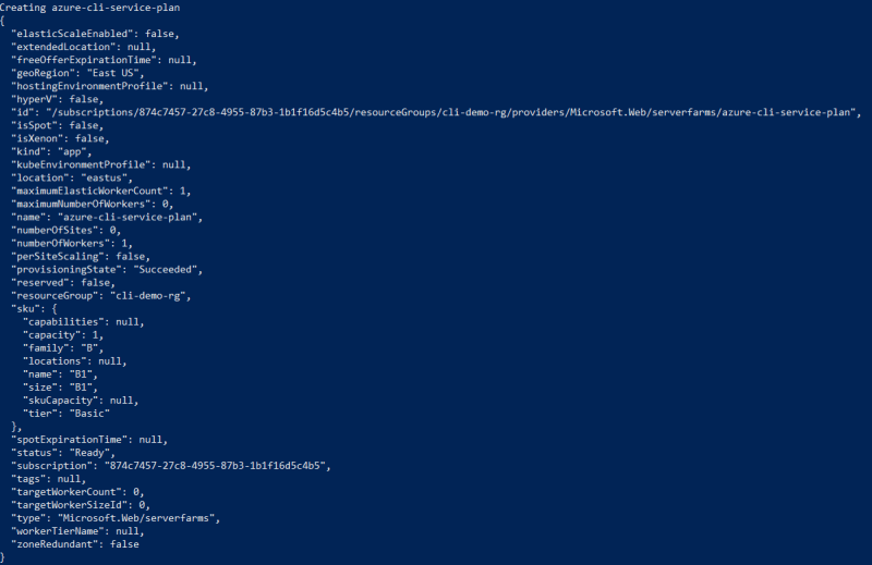 App service plan output