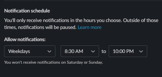 notification schedule in slack profile settings