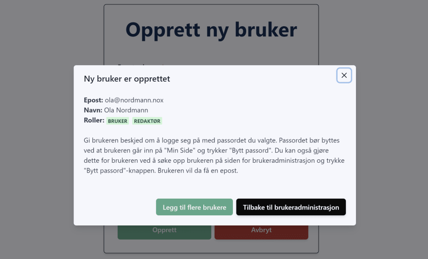 Screenshot, new user has been created.
