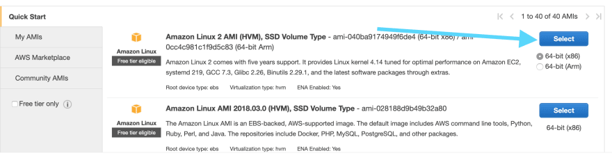 Selecting Amazon Linux 2 AMI