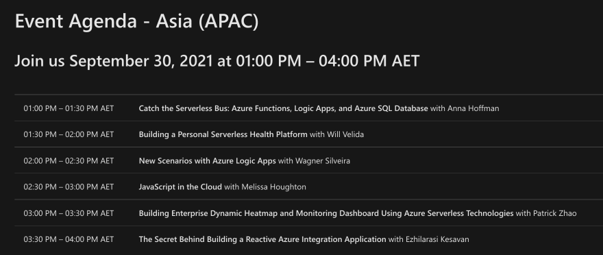 Schedule for the Azure Serverless Conference: Asia Edition