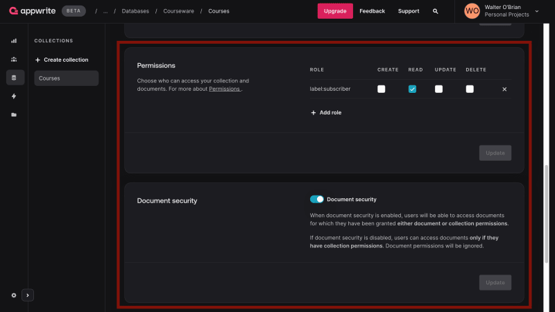 Appwrite database permissions page