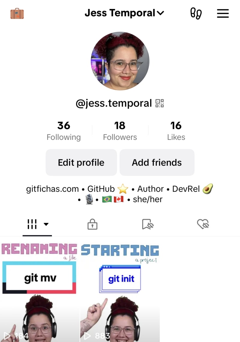 A photo of my TikTok profile, showing the first 2 videos