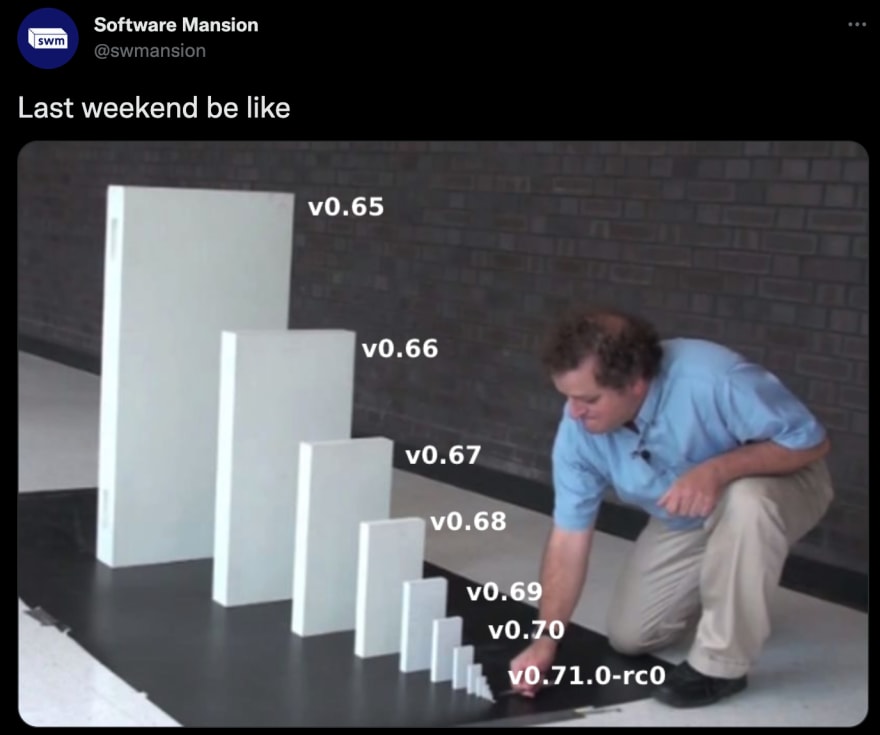 Last weekend be like - small React-Native 0.71 domino falls larger React-Native dominos of previopus releases