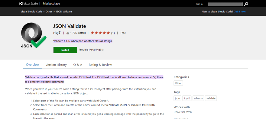 JSON validate extension