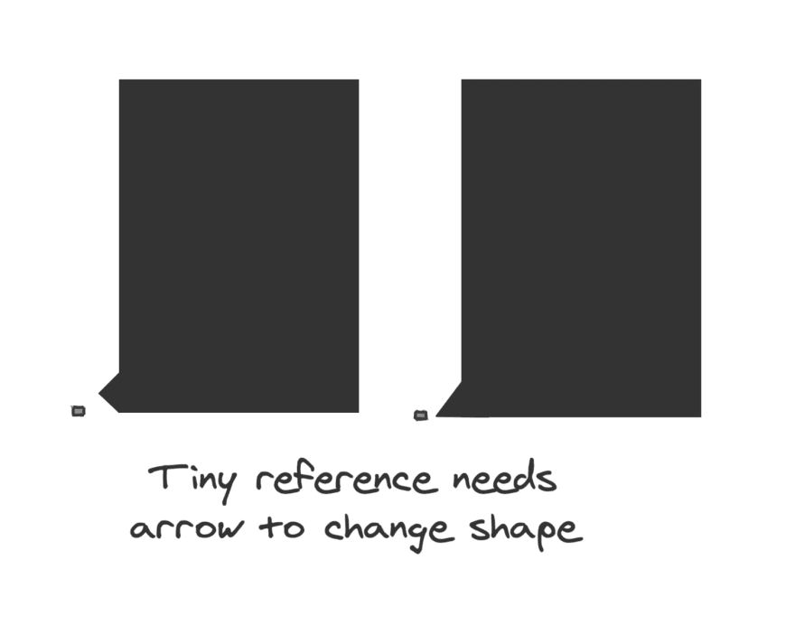 Arrow changing shape so it points toward a very small reference that is smaller than the arrow's own size