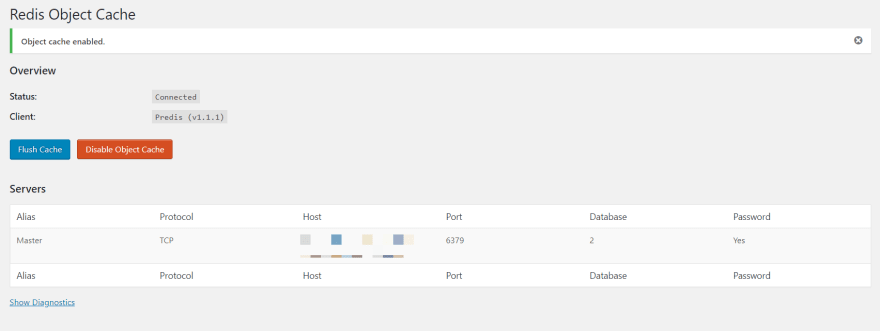 Redis Object Cache Settings Saved