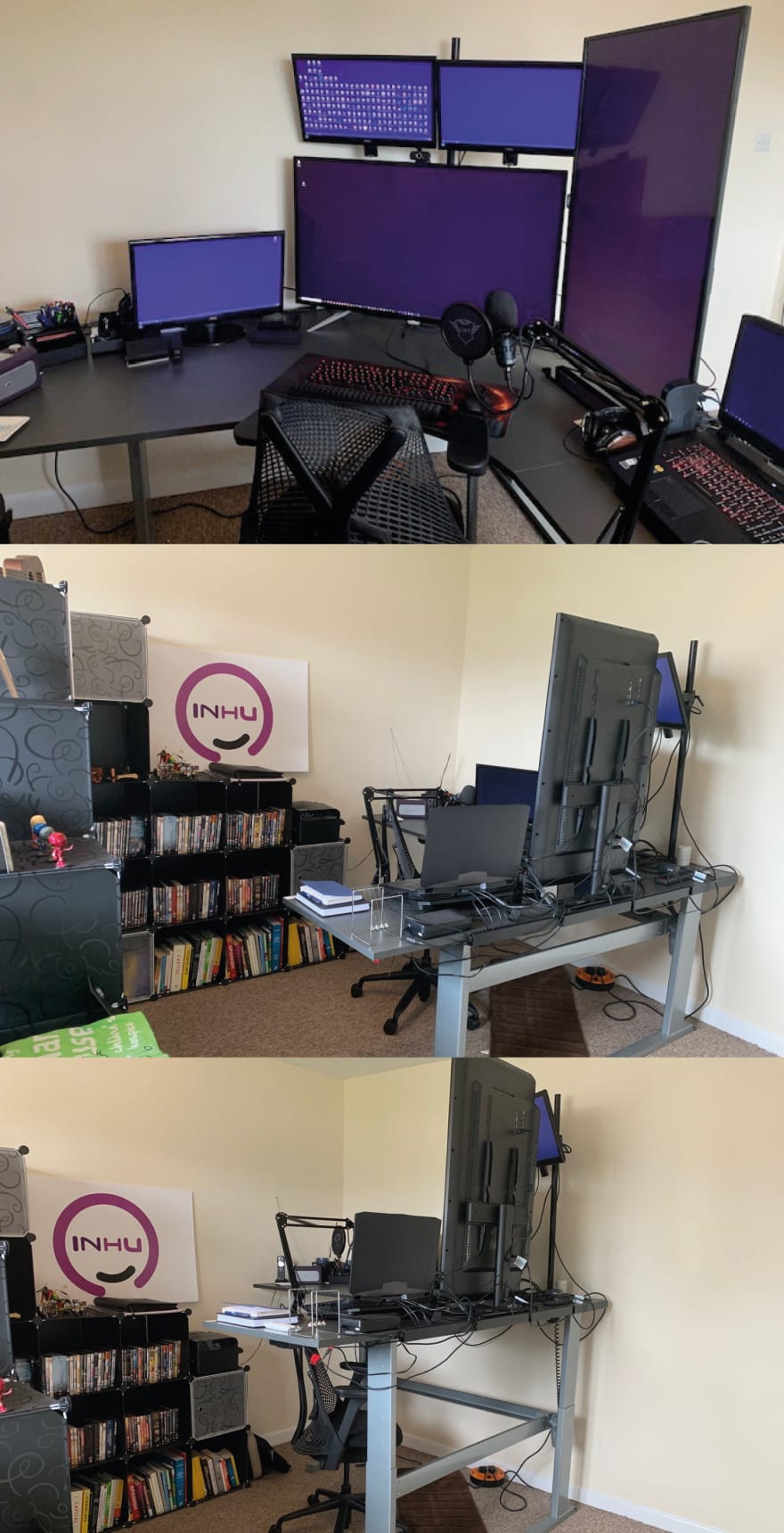sit-stand desk in seated position from the front and back and in standing position from back