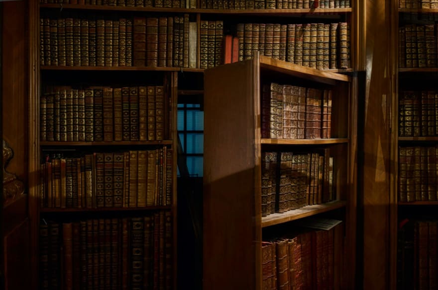 A secret door inside a bookshelf.