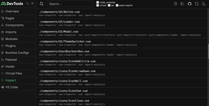 Nuxt devtools inspect screen