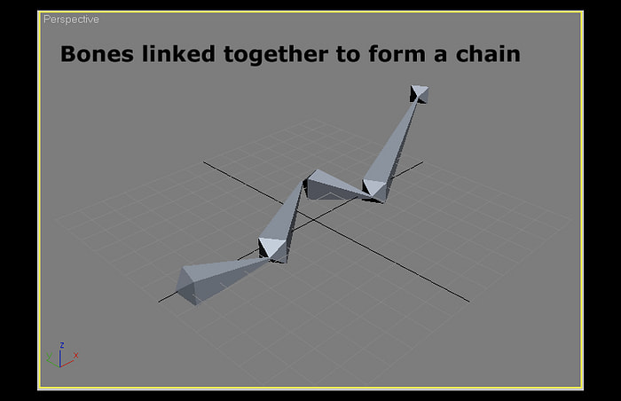 low polygraph render of five bones connected together in a chain. The nimage is titled "Bones linked together to form a chain". The bones are diamond shaped forms.