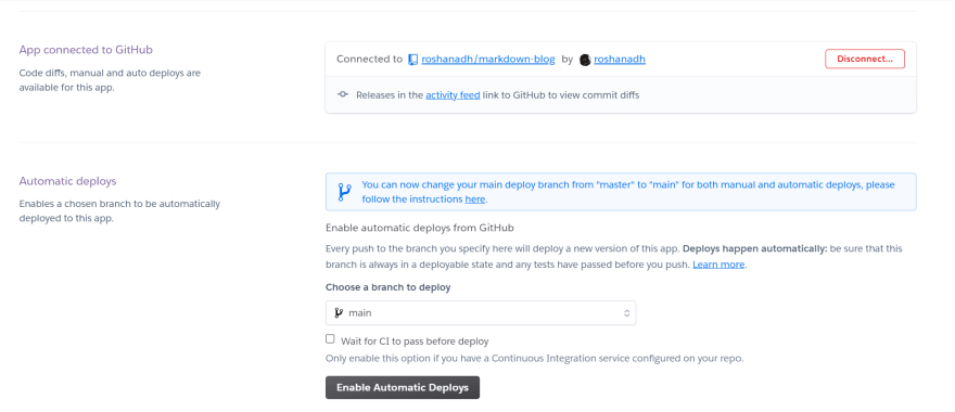 Enable automatic deploys in Heroku