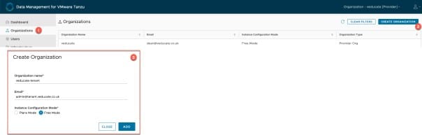 Data Management for Tanzu - Create Organisation