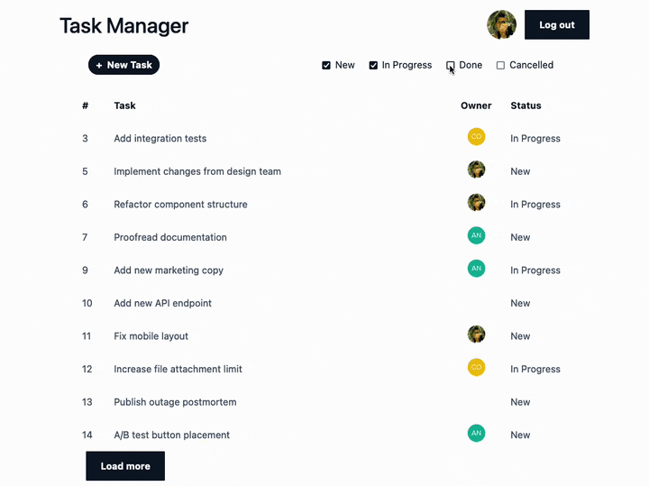 Screen capture of the same view of the app showing up to 10 tasks and possibly a “Load more” button. Now when the user clicks the checkboxes, there is no flash of the “Loading tasks…” message before the new data is shown.<br>
