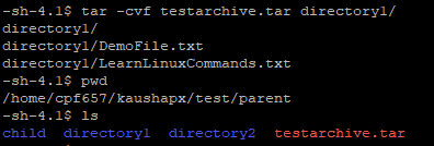 tar -cvf testarchive.tar directory1