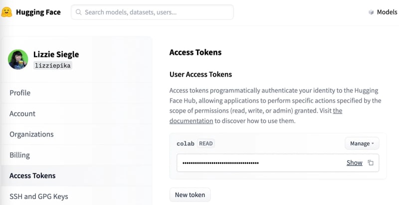 hugging face hub with access tokens page