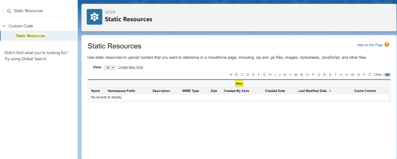 Search for Static Resources and click on New in the Static Resources tab