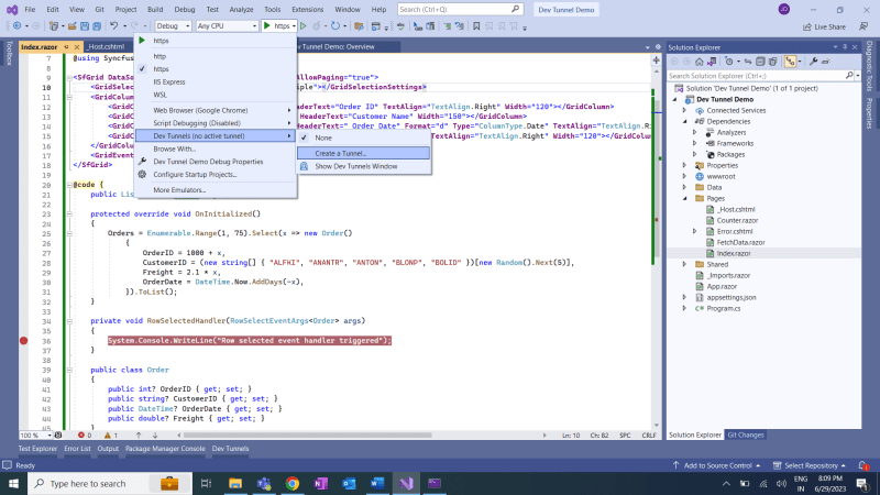 Create a new Dev Tunnel within Visual Studio