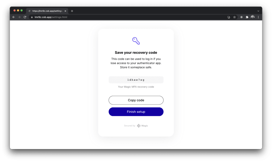 Save your recovery code