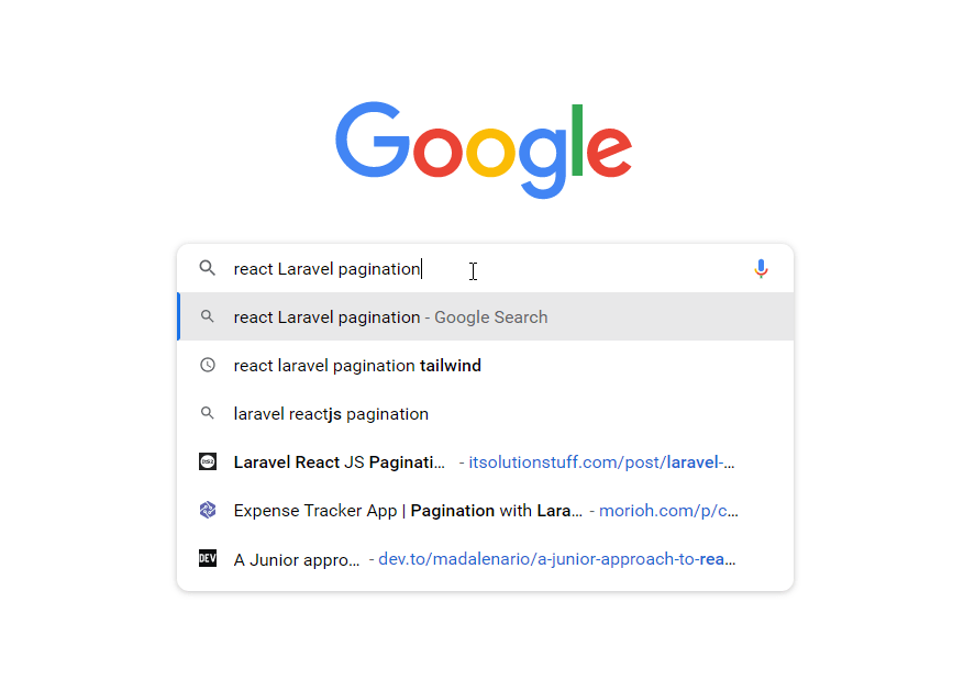 snapshot of google search input field with sentence "Laravel React pagination