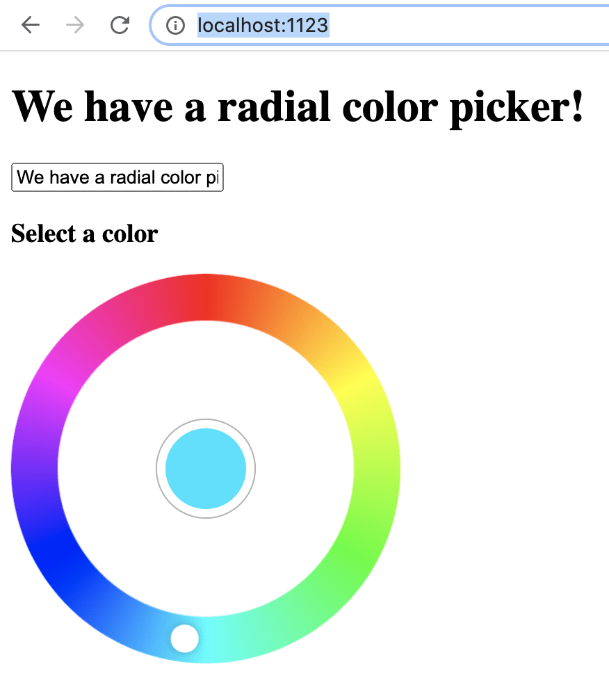A browser window open our web app, but now a radial color picker component is replacing the four buttons for selecting a color. The color picker looks like a big rainbow-colored ring with a sliding dot going around it and a dot in the middle for the selected color.