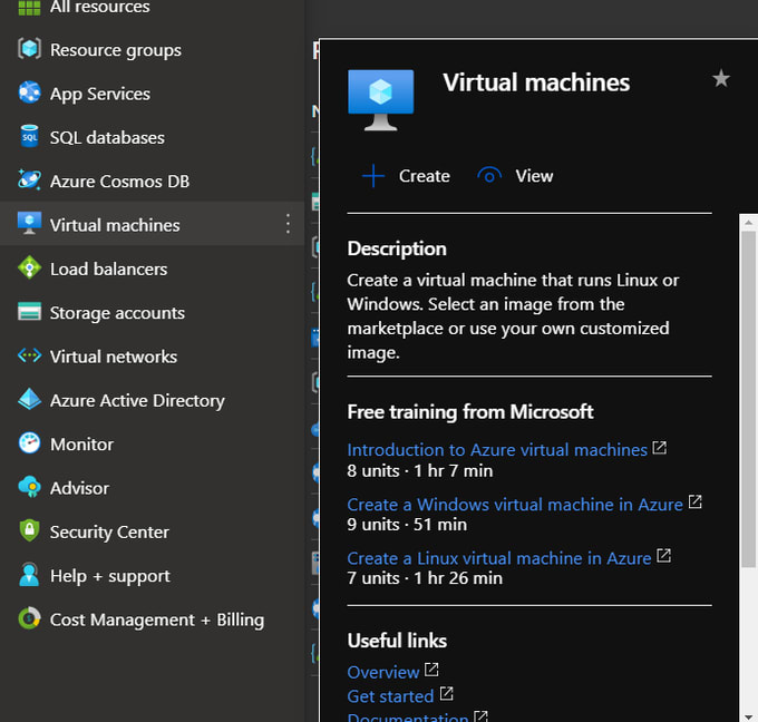 Hover over Virtual Machines on Azure to see free training and guides