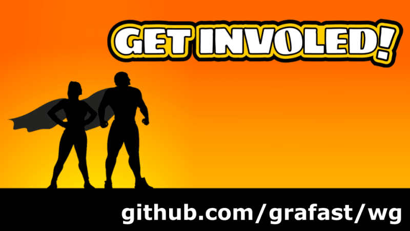 A cartoon graphic of superheroes looking over their city at sunset. The text reads "Get involved" and there is a link to the Grafast working group hosted on GitHub