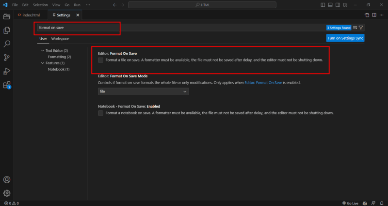 On the settings page, we search for format on save