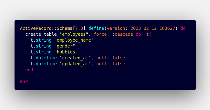 schema.rb of E[mployee CRUD](https://rutikkpatel.medium.com/crud-in-rails-7-by-rutik-patel-a2bbc942d069)