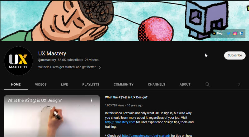 UX Mastery also has a YouTube channel where you can watch videos on different aspects of UX design, such as user research, information architecture, wireframing, prototyping, usability testing, and more.