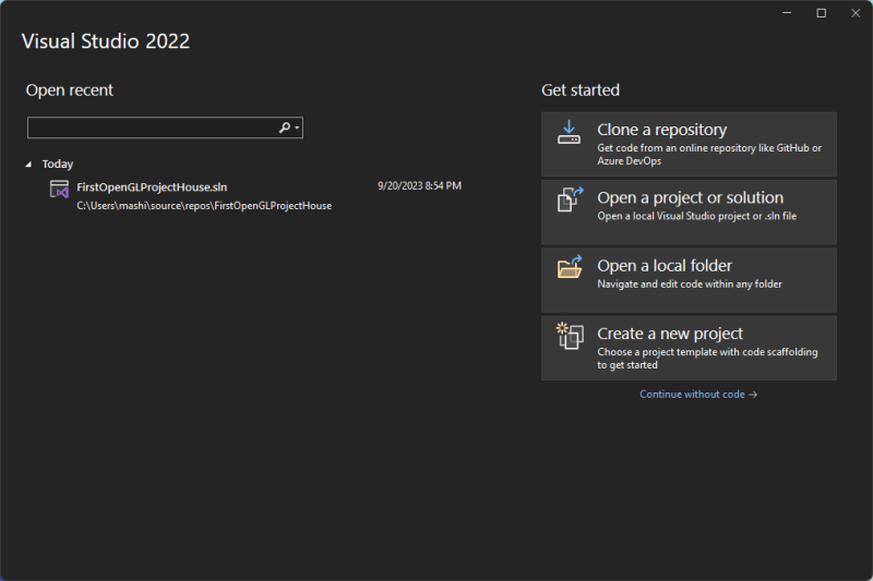Visual Studio 2022 initial view