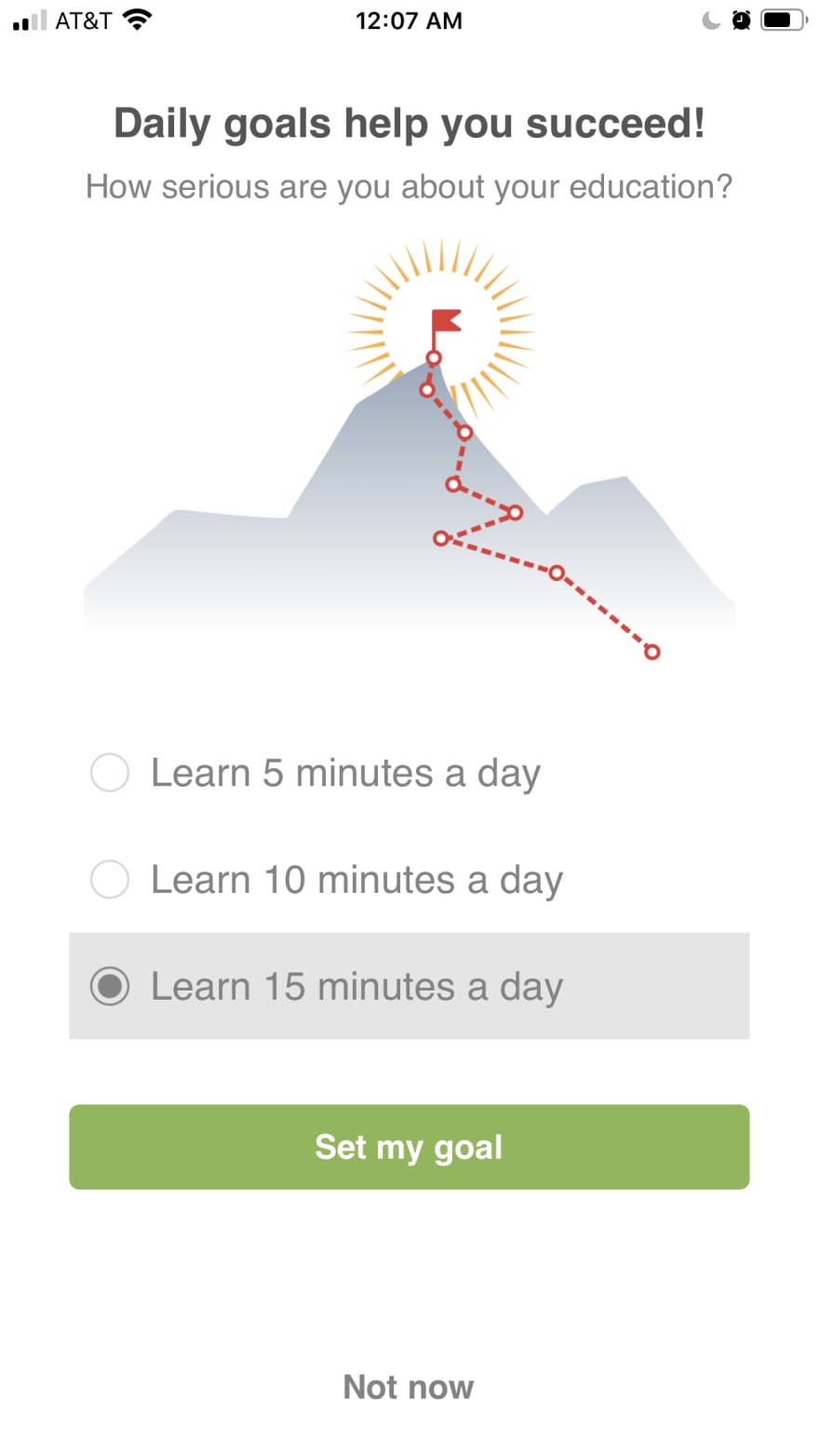 Screenshot of Grasshopper App on a page asking how long you want to learn for.