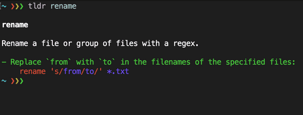 Console output of tldr pages with the rename command