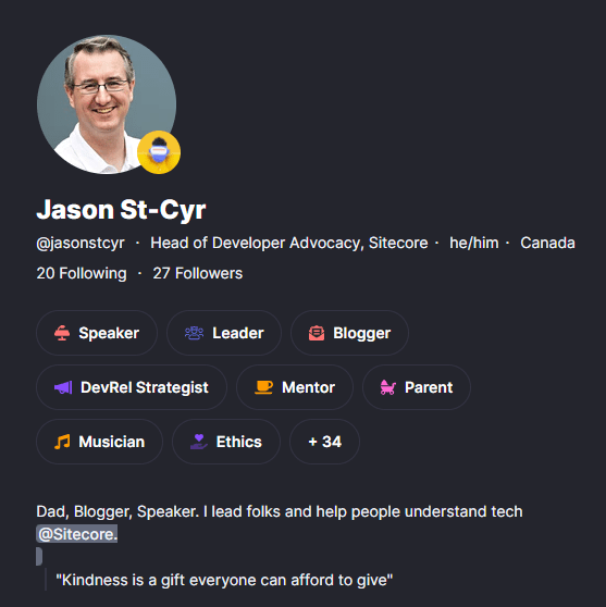 Polywork profile headline for Jason St-Cyr shows headline text, pronouns, location, number of followers, and badges