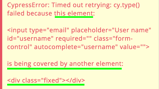 Cypress reports clearly the problem from a user/DOM perspective.