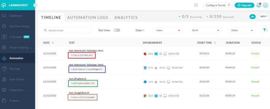 Automation logs on the automation