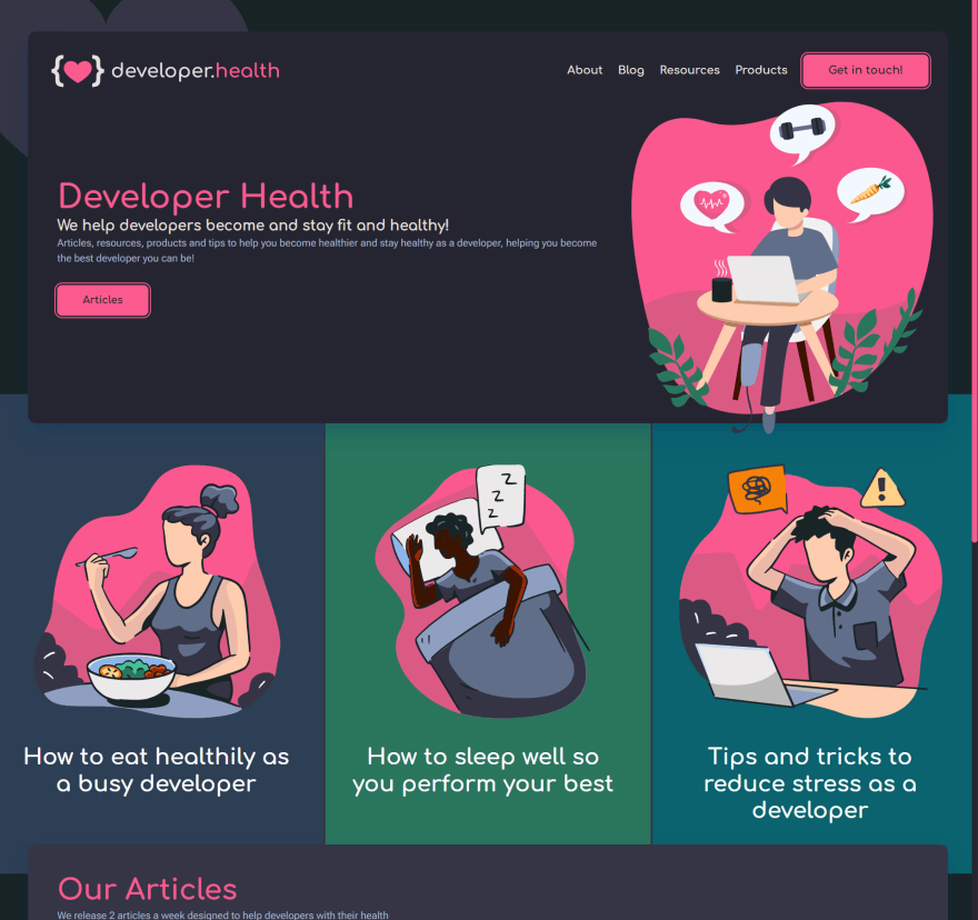 developer.health website mockup, pink and dark grey theme with SVG graphics using same colour scheme
