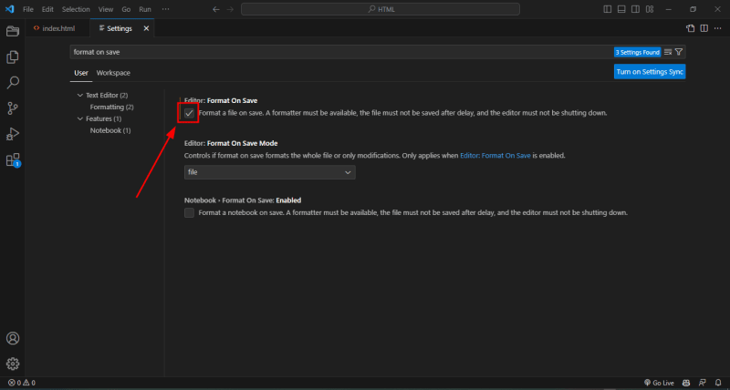Enabling the Format on Save setting