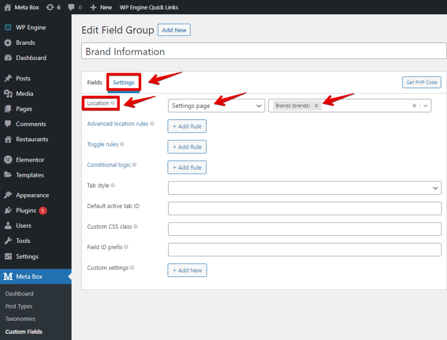 In the Settings tab, choose the Location as the Settings Page to apply the custom fields.