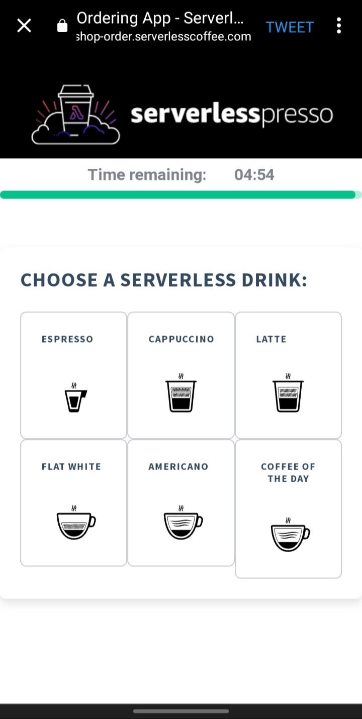 Serverlesspresso mobile app interface - select your coffee page