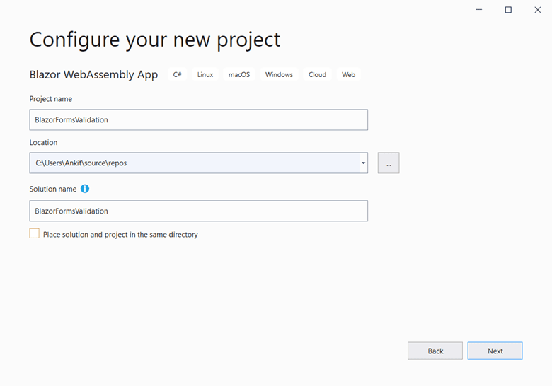 Configure your new project dialog