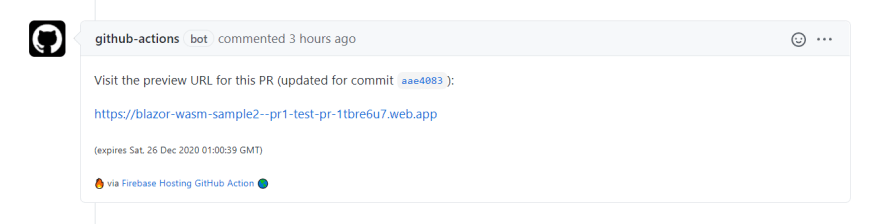 Screenshot of the comment left by Firebase&#x27;s GitHub Action. The comment contains the URL to the new preview channel created on GitHub Hosting.