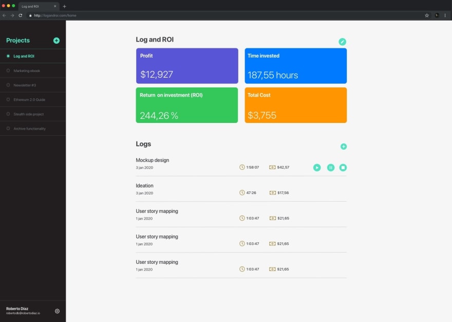 Log and ROI home dashboard