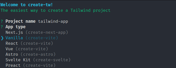 select a tailwindcss app with typescript and vite