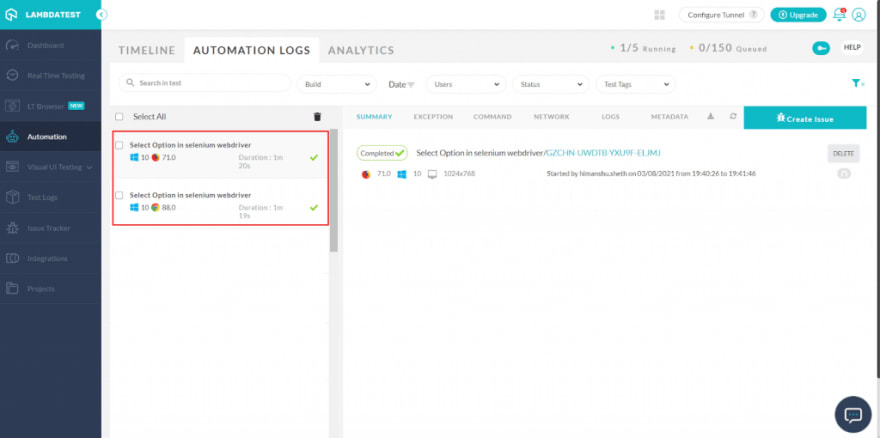 LambdaTest Automation testing dashboard