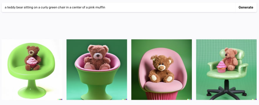 prompt - a teddy bear sitting on a curly green chair in a center of a pink muffin