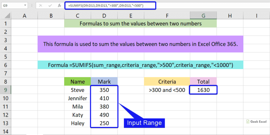 Formulas to sum the values between two numbers